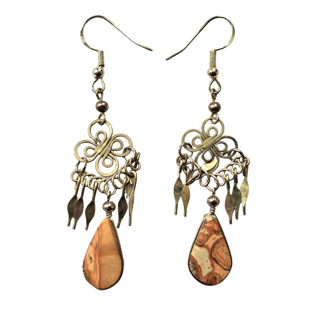Leopard Jasper teardrop stone and silver wire earrings - from the Peruvian Amazon
