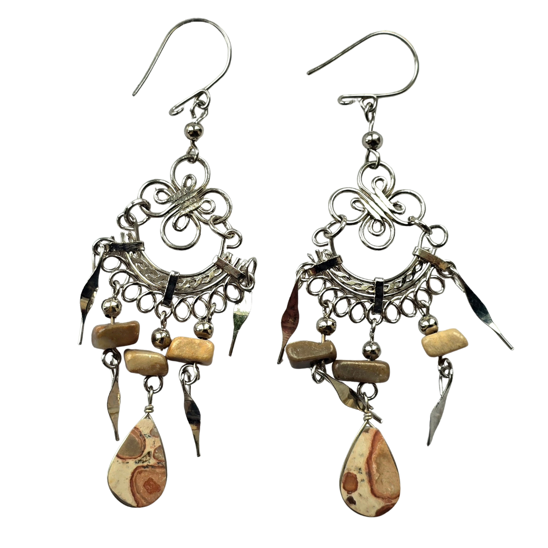 Leopard Jasper teardrop stone and silver wire earrings - from the Peruvian Amazon