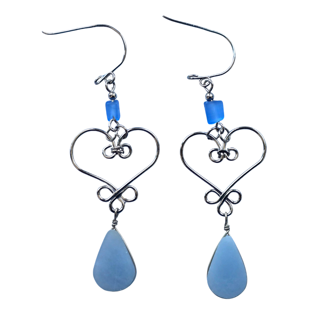 Celestine teardrop stone and silver wire earrings - made by Peruvian Amazon artisan - Amazon Ecology