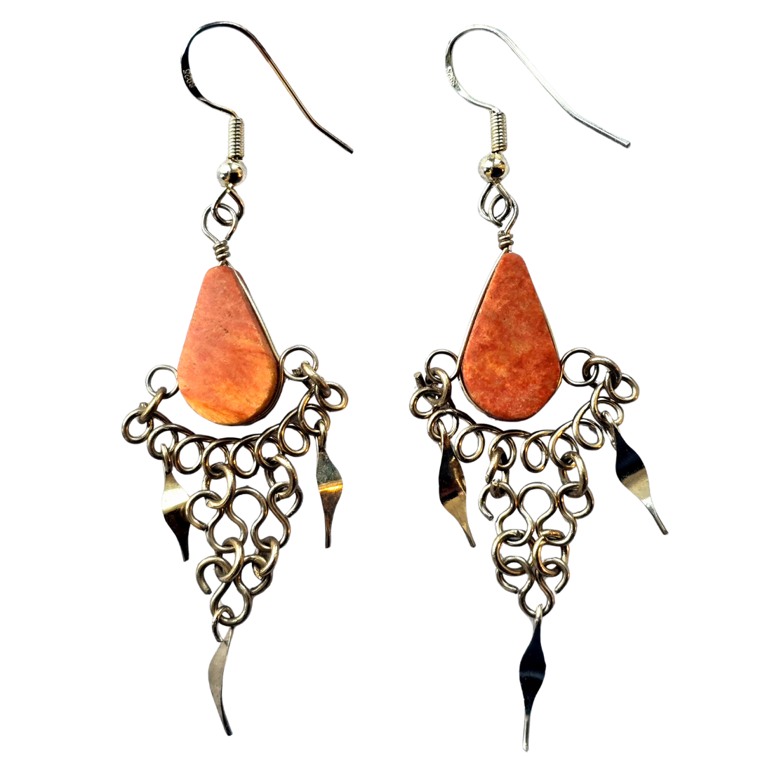 Brown Jasper teardrop stone and silver wire earrings - Made by Peruvian Amazon Artisan - Amazon Ecology