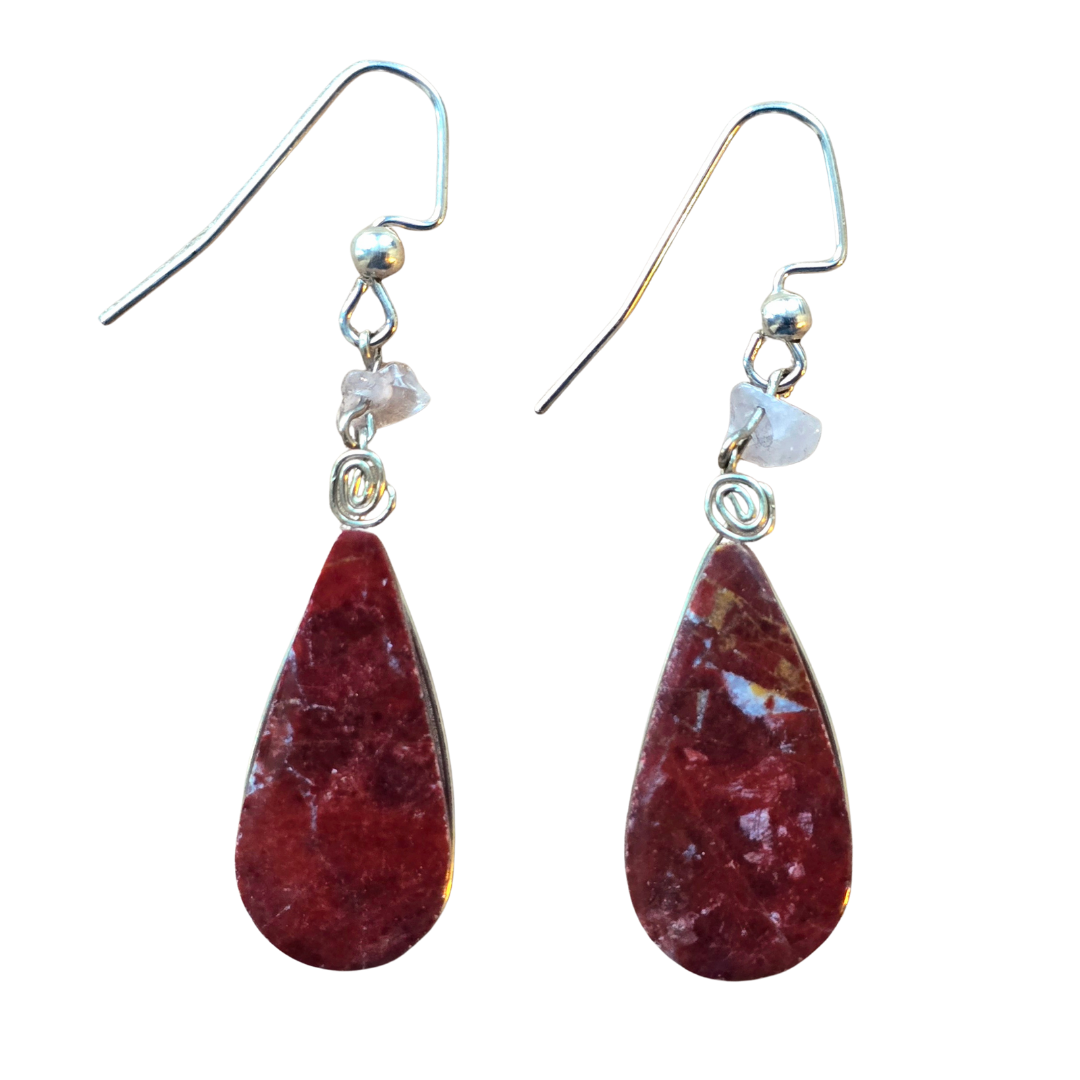 Red Jasper teardrop stone and silver wire earrings - Made by Peruvian Amazon Artisan - Amazon Ecology