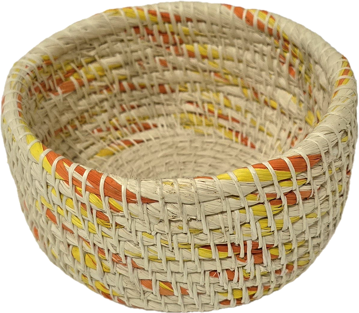 White chambira woven pots colored swirls with open top - handmade by Peruvian artisan