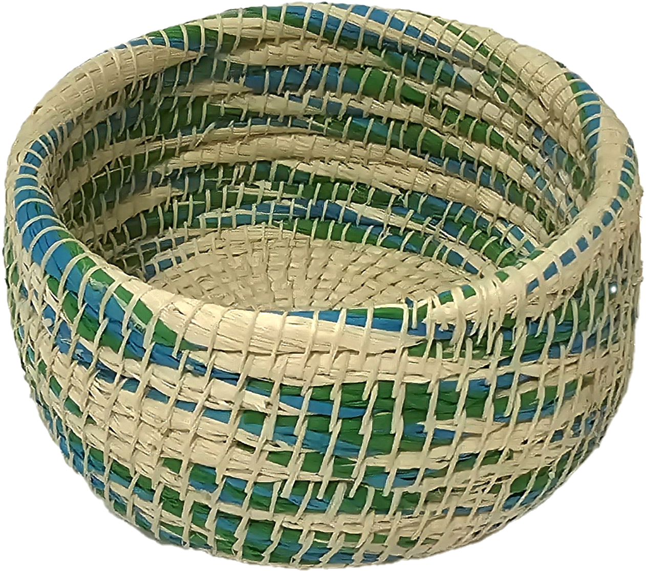 White chambira woven pots colored swirls with open top - handmade by Peruvian artisan