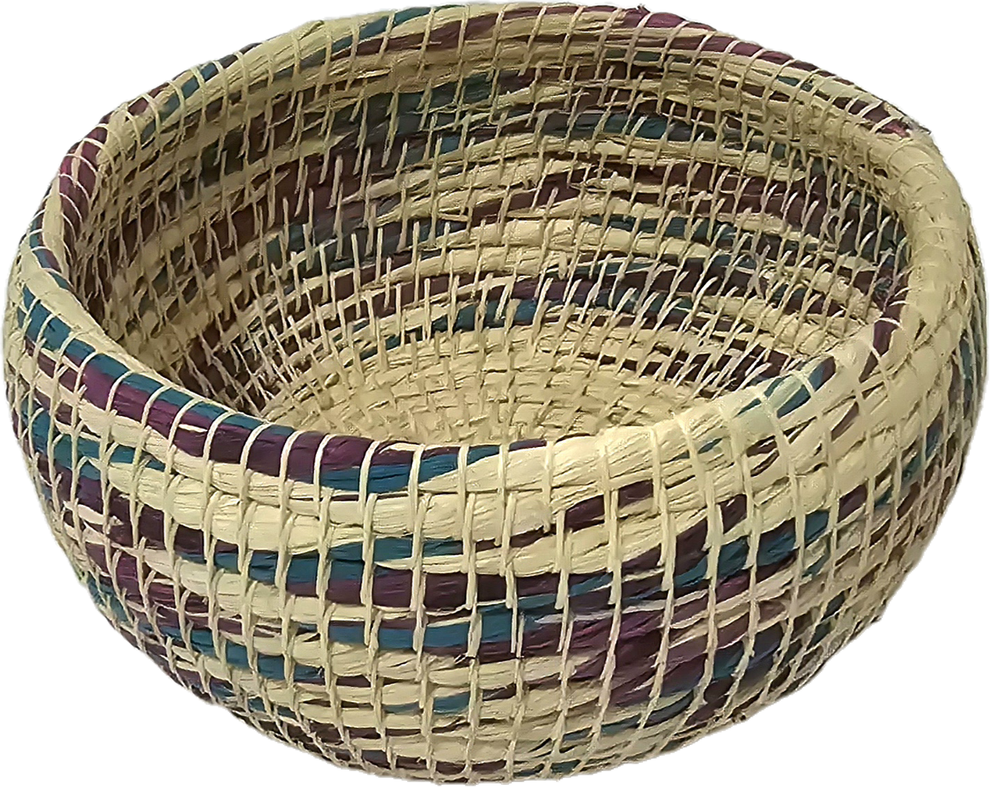 White chambira woven pots colored swirls with open top - handmade by Peruvian artisan