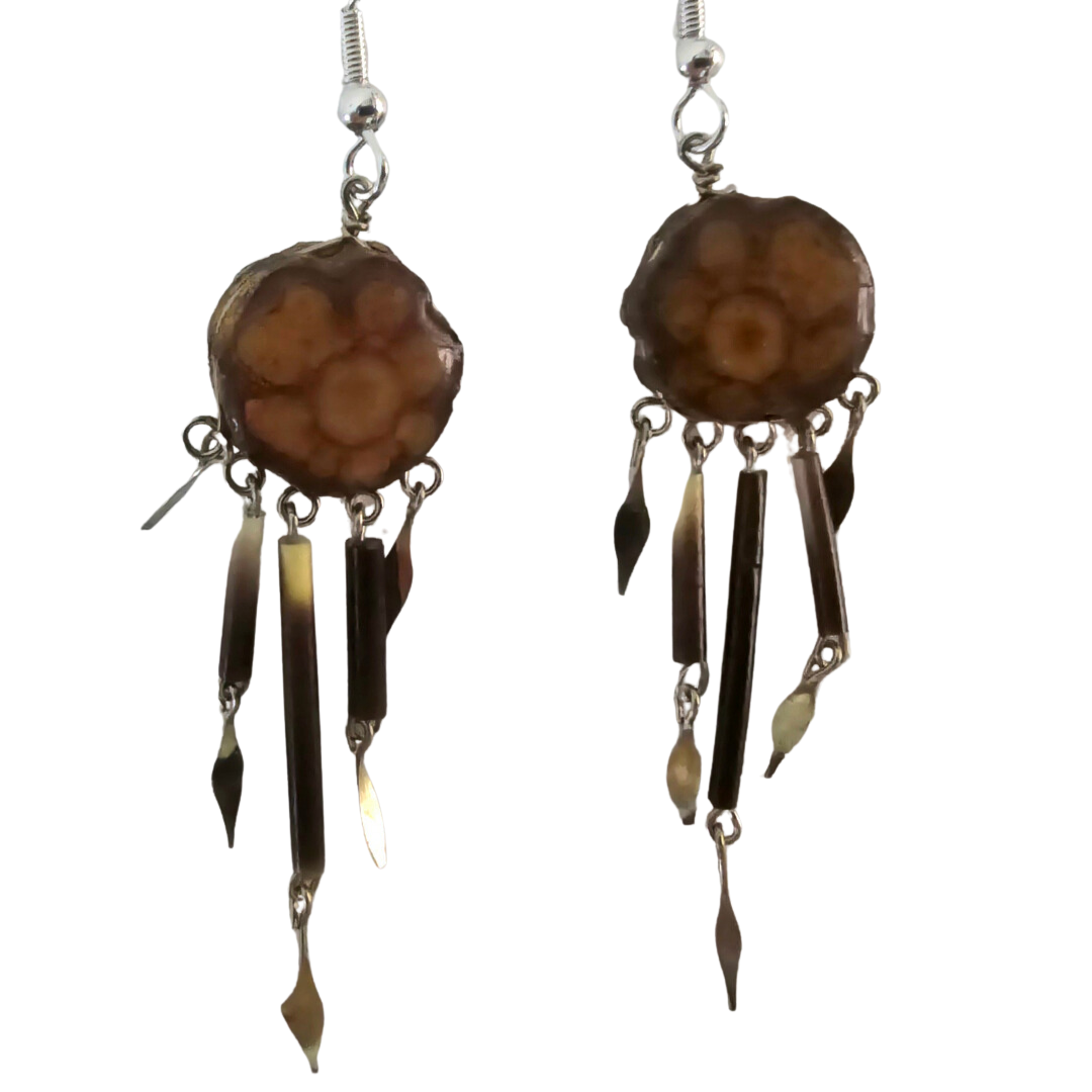 Ayahuasca vine earrings with quill dangles - made by Peruvian Amazon artisan