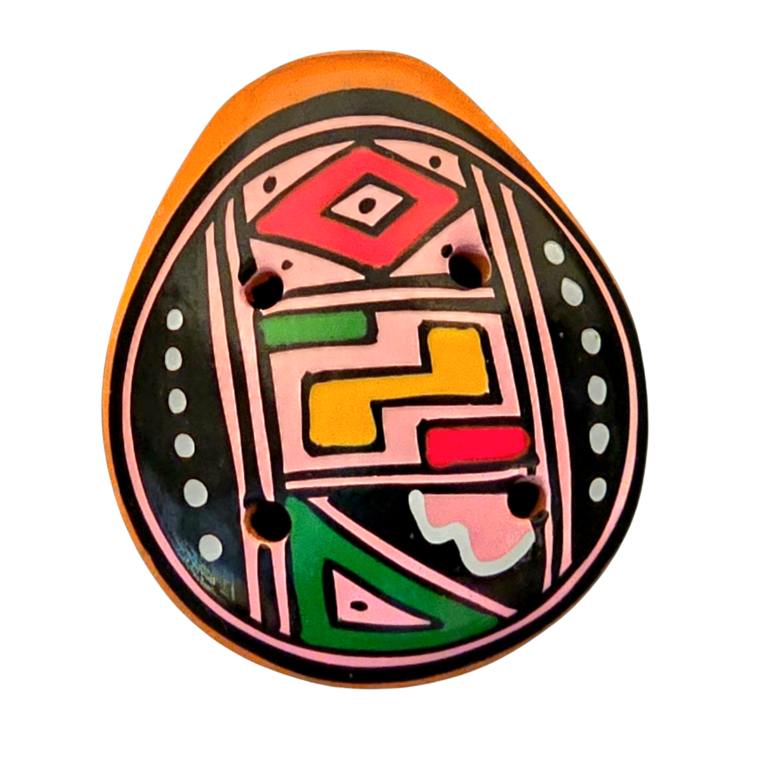 Small ocarina ceramic whistle with colorful Shipibo and geometric designs - made by a Peruvian Amazon artisan - Amazon Ecology