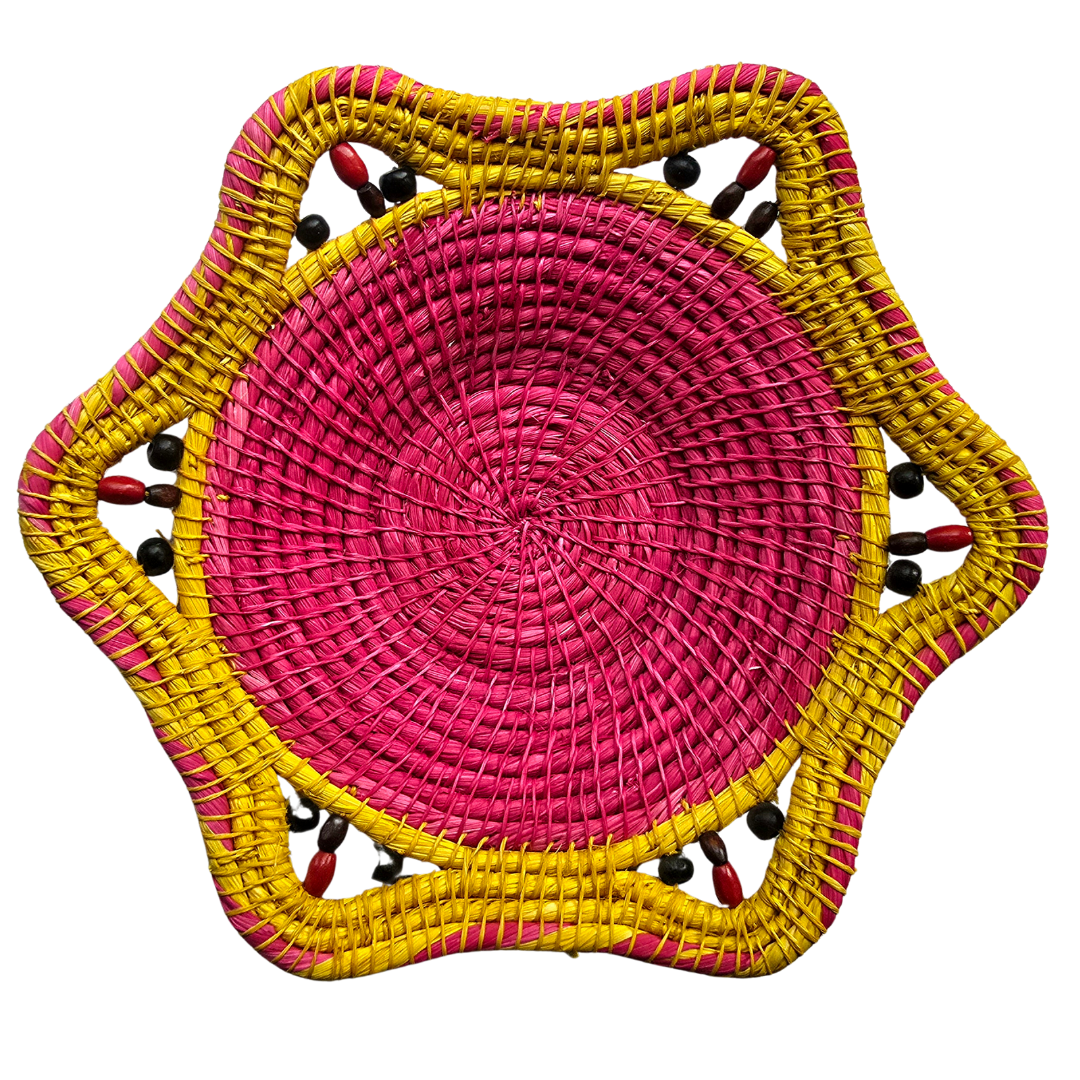Raspberry and lemon fair-trade chambira basket from the Peruvian Amazon