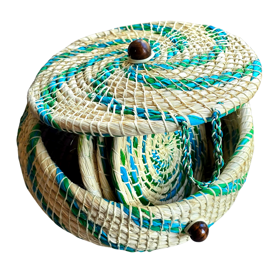 Chambira woven pot with top - white with color swirls- handmade by Peruvian artisan