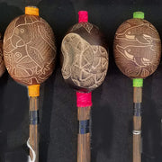 Calabash maraca carved with Bora native animal & graphic designs - made by Peruvian native artisans - Amazon Ecology