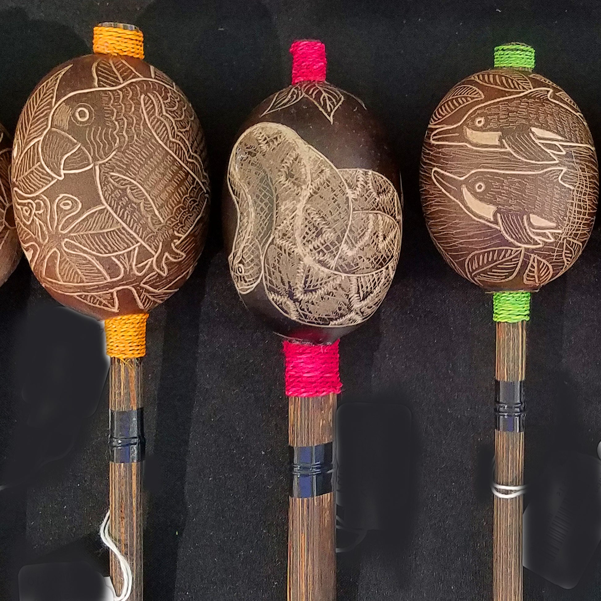 Calabash maraca carved with Bora native animal & graphic designs - made by Peruvian native artisans - Amazon Ecology