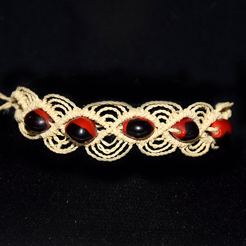 Huayruru and chambira palm fiber macrame bracelets - made by Peruvian Amazon native artisans - Amazon Ecology