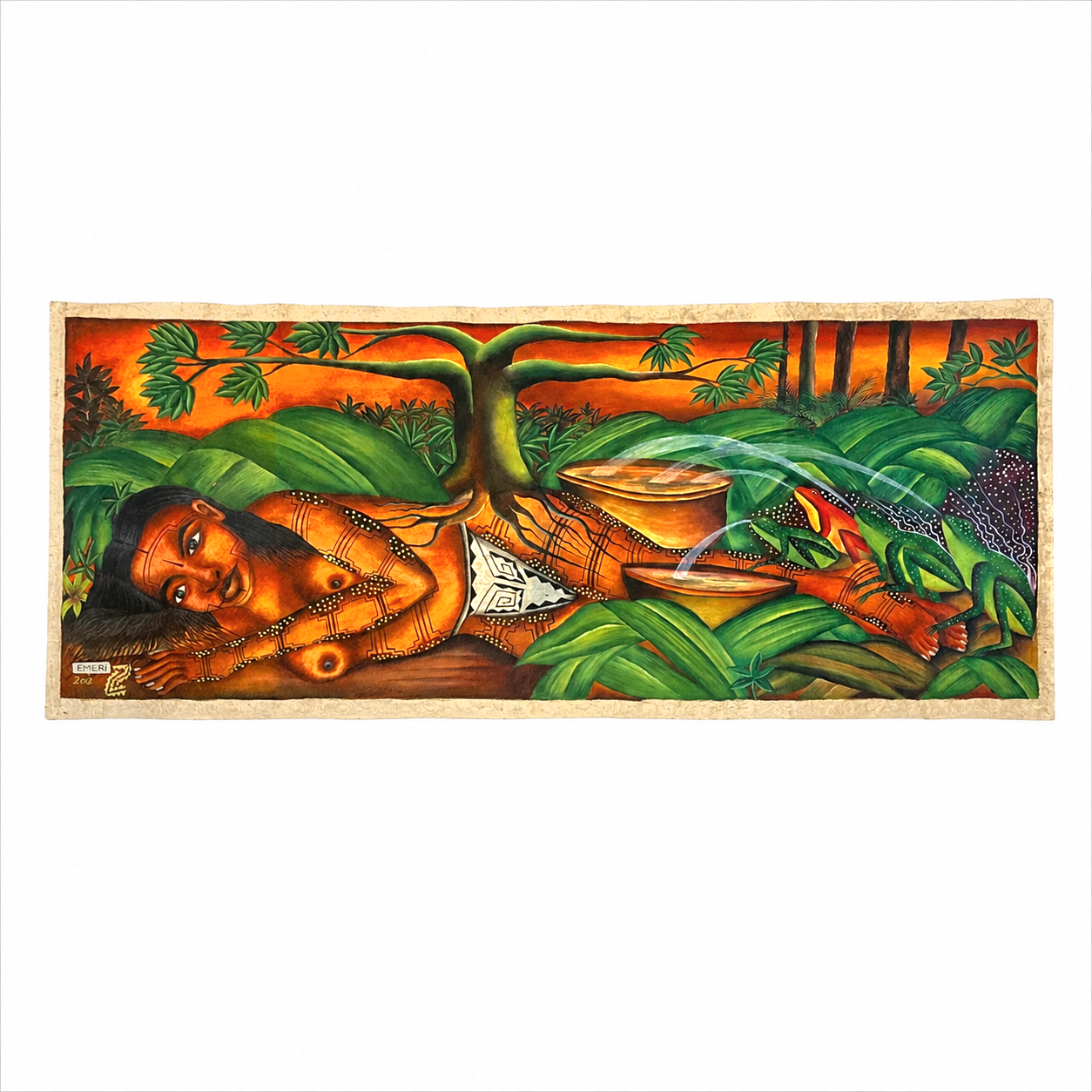 Original Bora Visionary "Woman of the the forest" Painting on Llanchama Bark by Elmer Rodrigueztree bark canvas by indigenous Huitoto artisans from the Peruvian Amazon (Copy) (Copy) (Copy) (Copy)