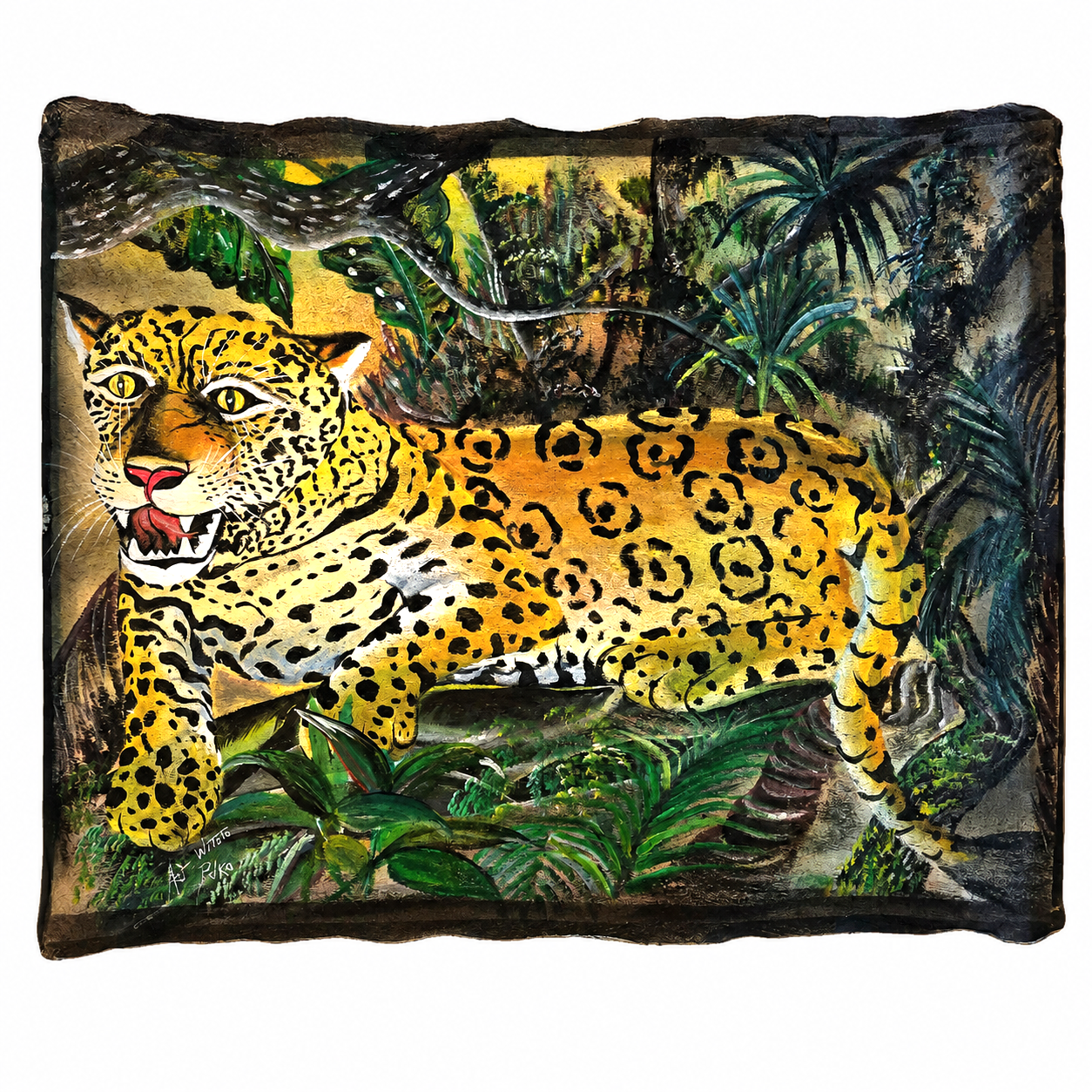 Jaguar paintings on llanchama tree bark canvas by indigenous Huitoto artisans from the Peruvian Amazon