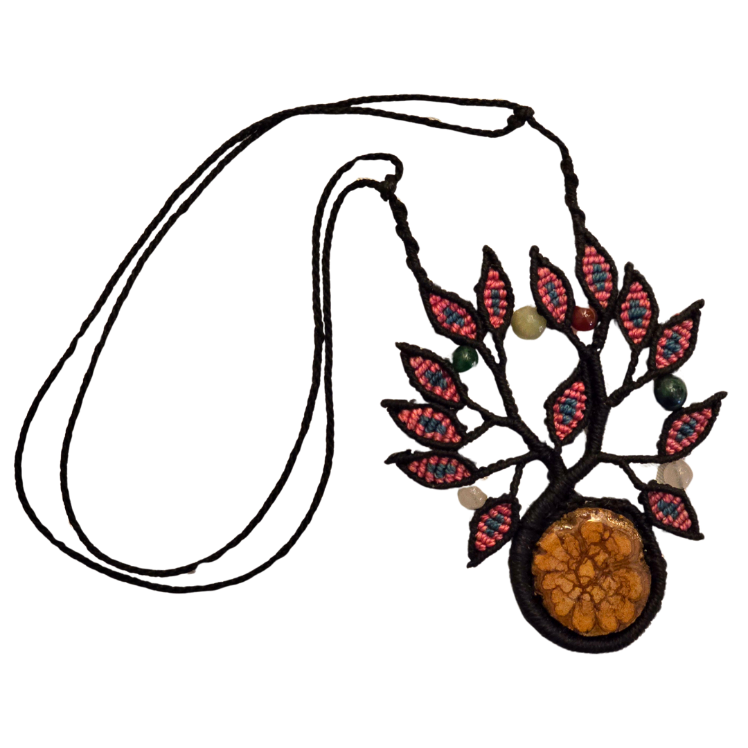 Ayahuasca and stone bead with macrame leaf necklace from the Peruvian Amazon