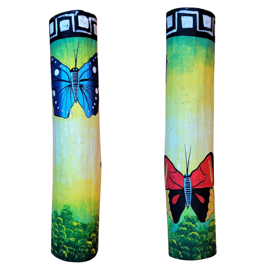 Rainsticks with wildlife and native designs from the Peruvian Amazon