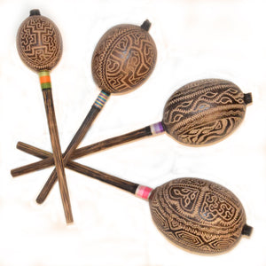 Calabash maraca carved with Shipibo geometric designs