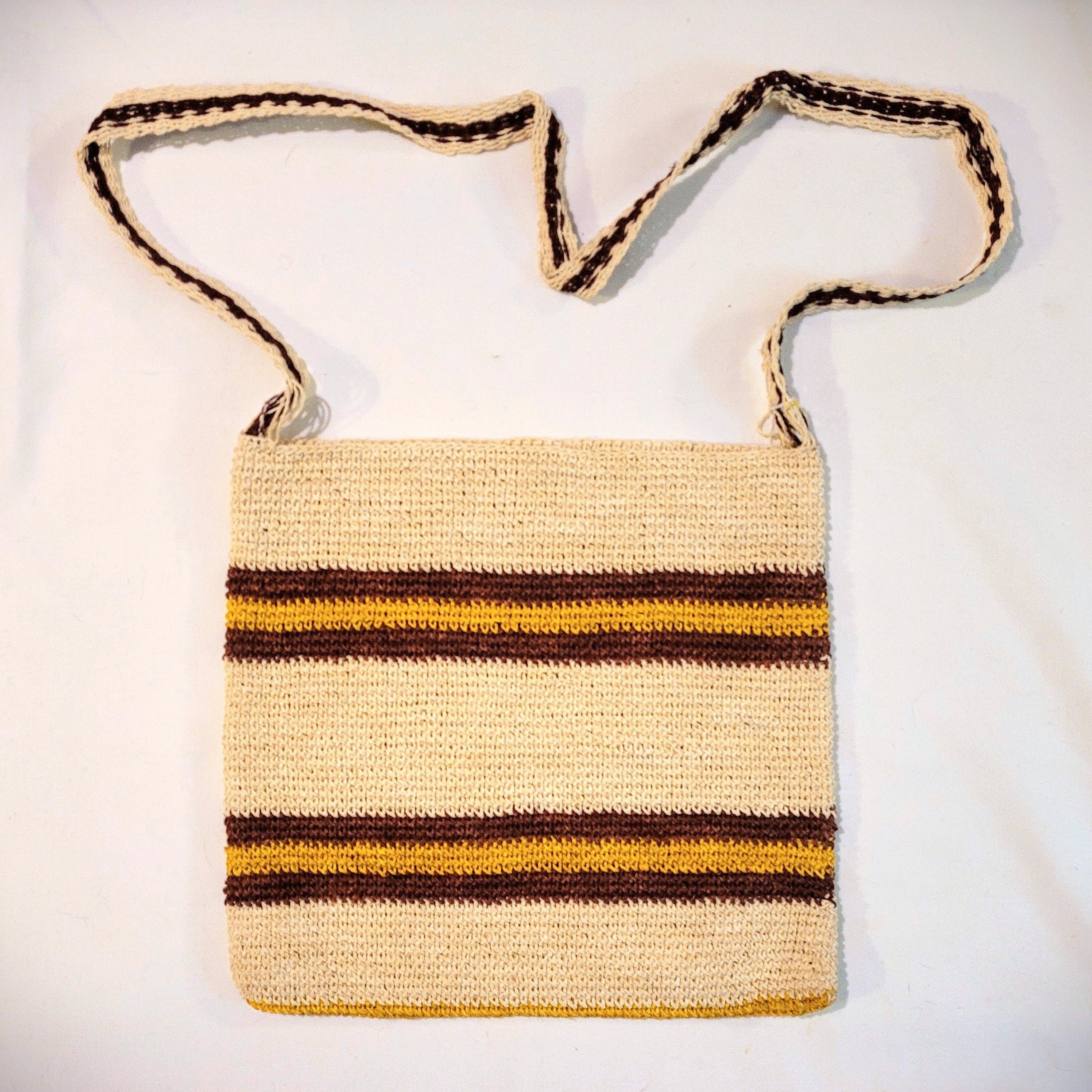 Handmade Chambira Shoulder Bag from Peru with black, yellow and maroon stripes