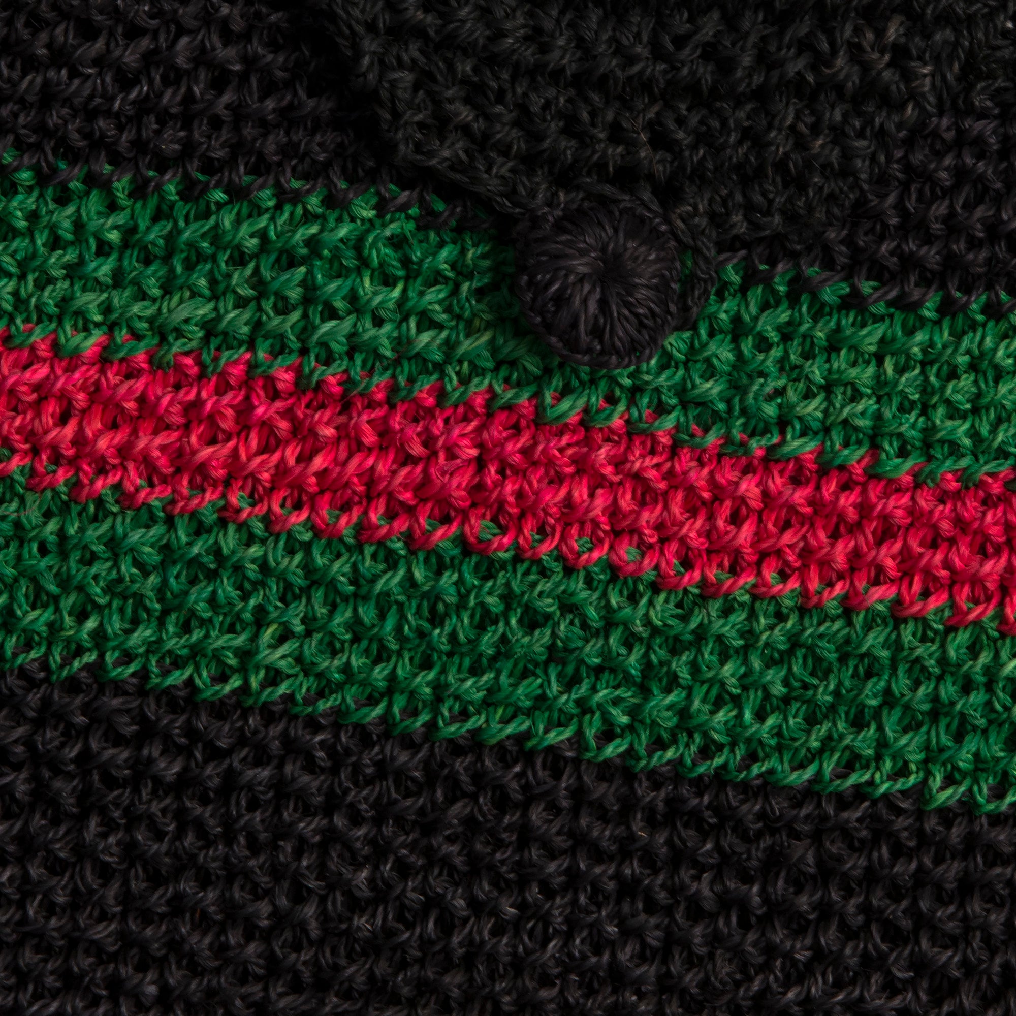 Crocheted Black, Green & Red Purse. Clasp & Double Strap, bag made in Peruvian Amazon