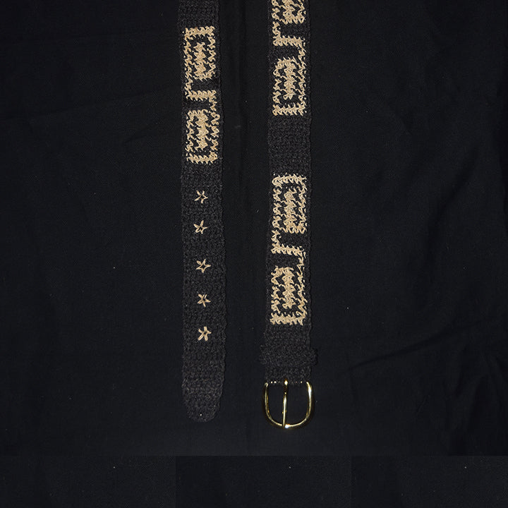 FAIR -TRADE HAND-MADE BELT - BORA LABYRINTH LOGO - BLACK WITH WHITE - WOVEN BY PERUVIAN AMAZON ARTISAN