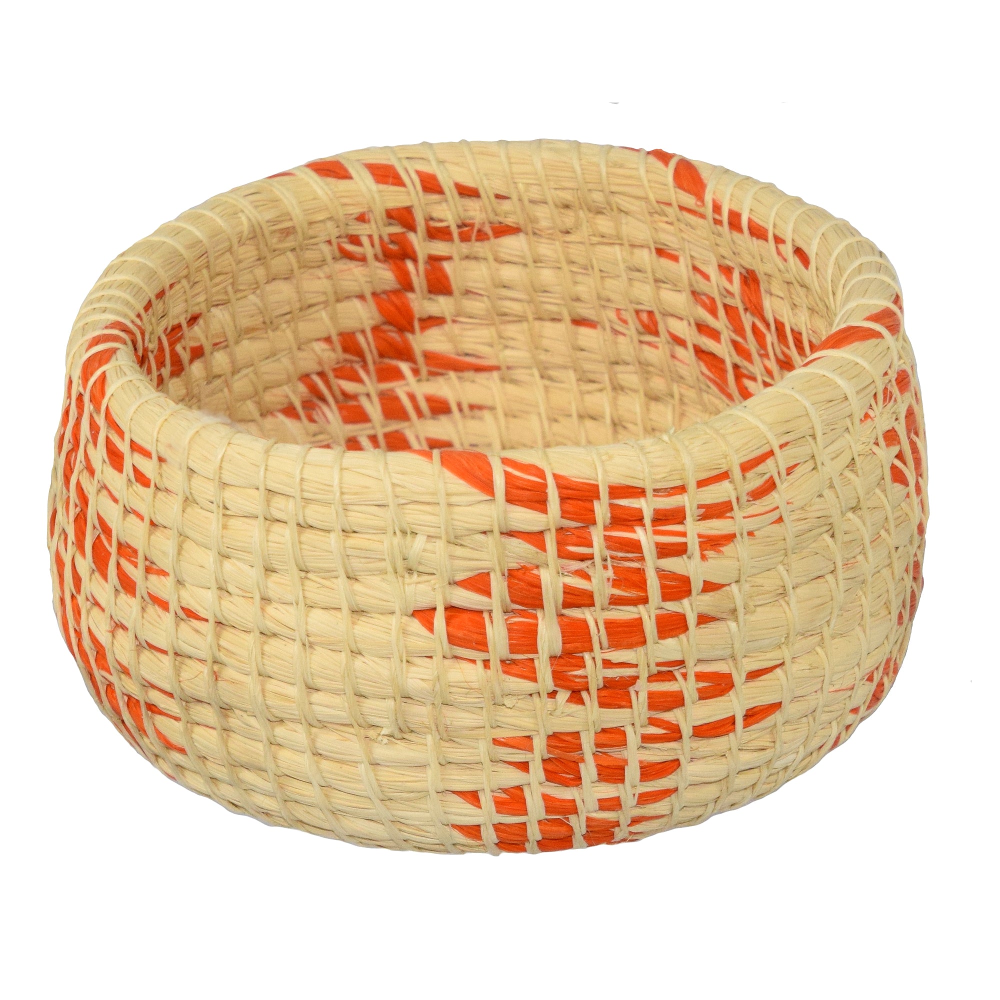 White chambira woven pots colored swirls with open top - handmade by Peruvian artisan