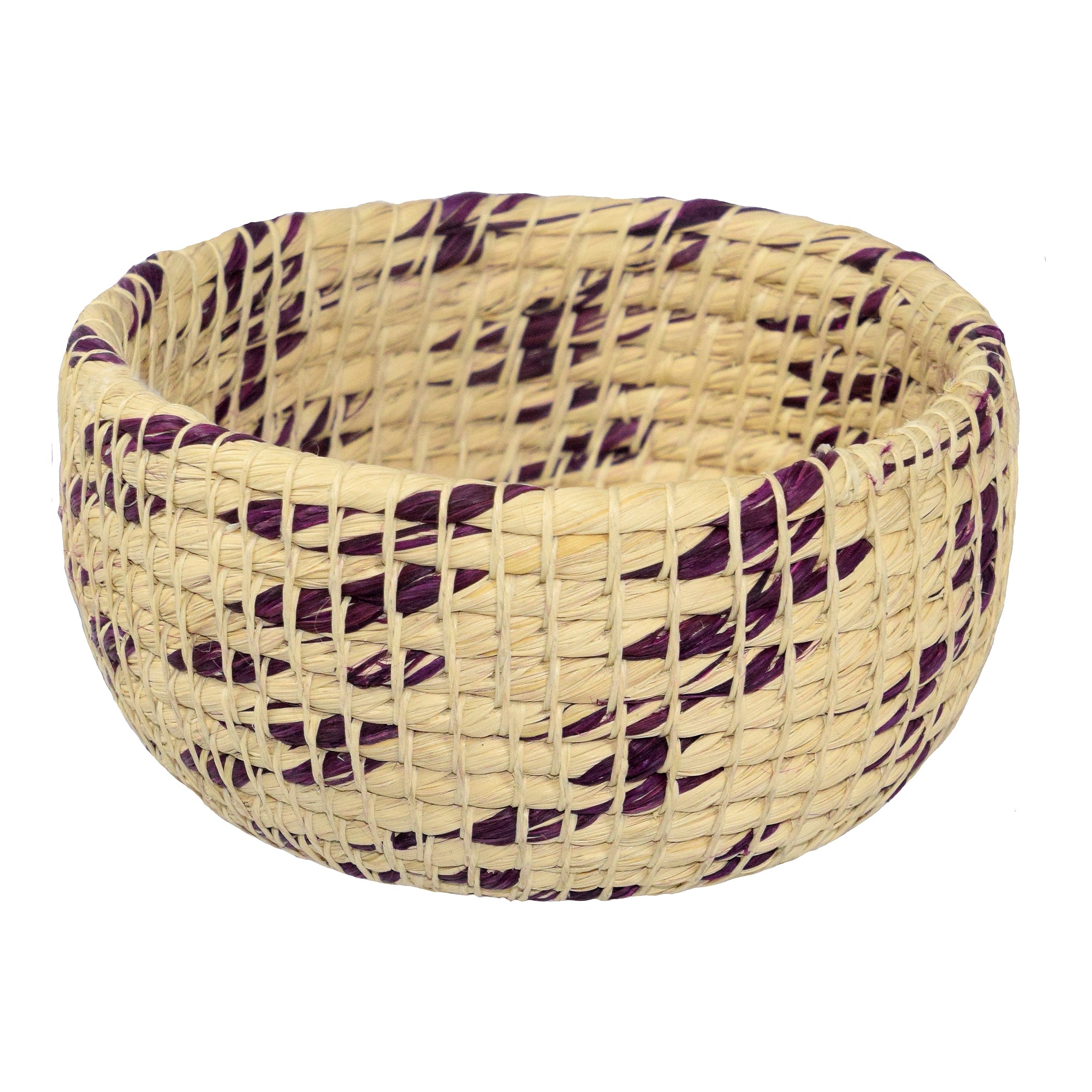 White chambira woven pots colored swirls with open top - handmade by Peruvian artisan