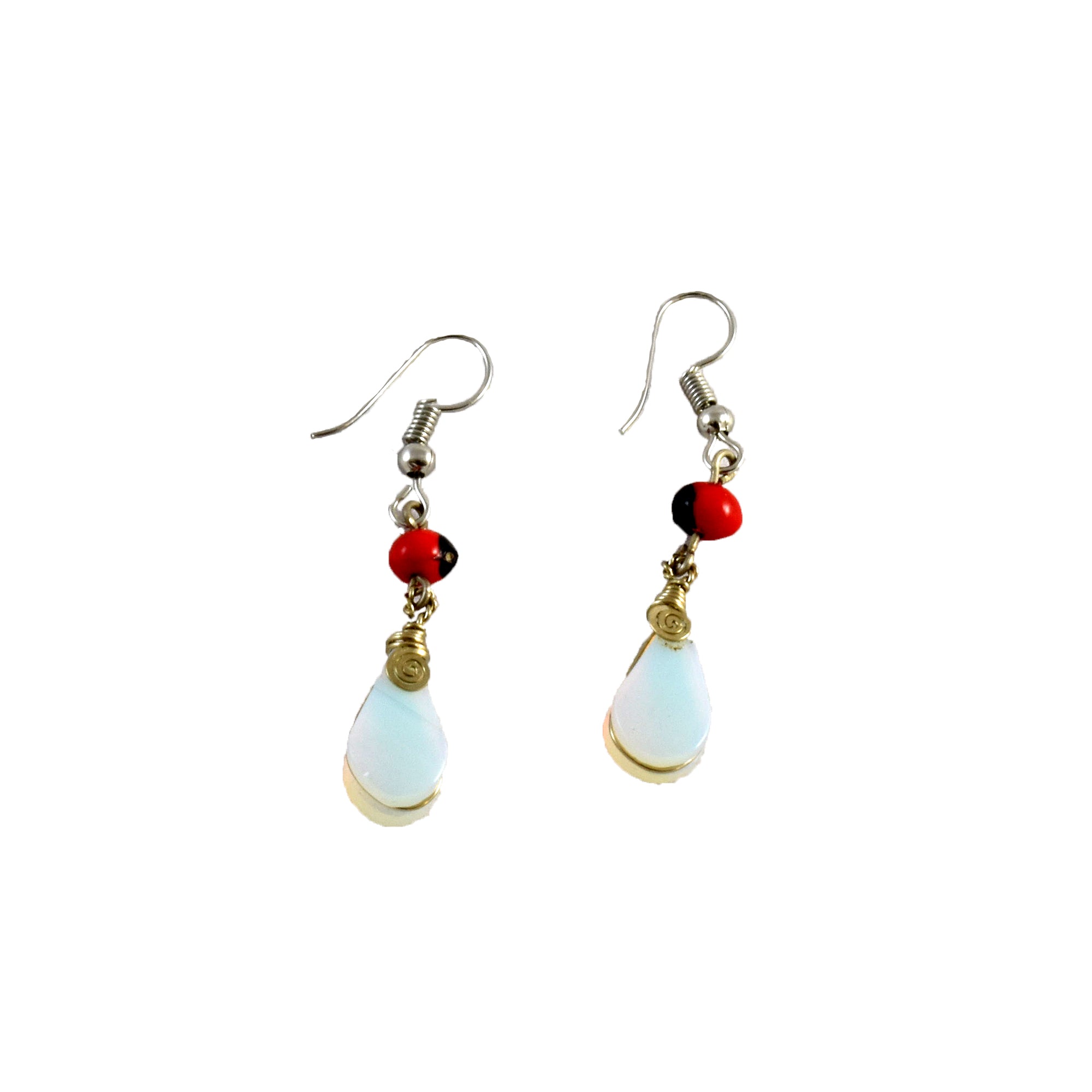 Opalite, Leopard Jasper, and Huayruru Bead Teardrop Dangling Earrings