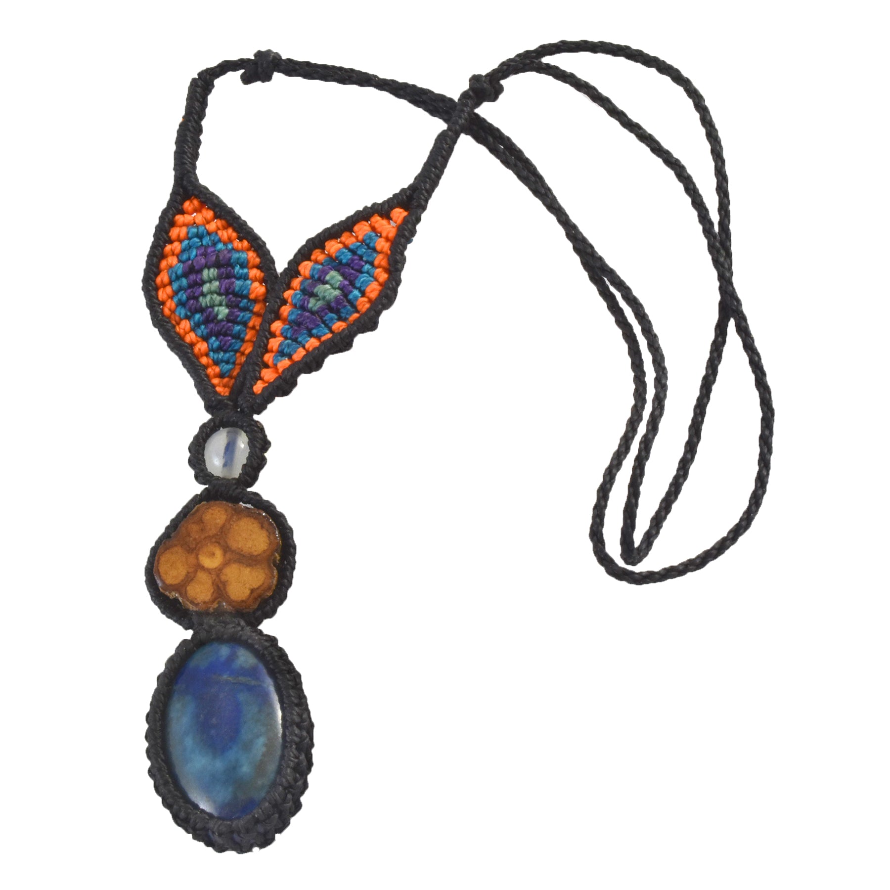 Ayahuasca vine and lapis lazuli macrame necklace with woven leaves