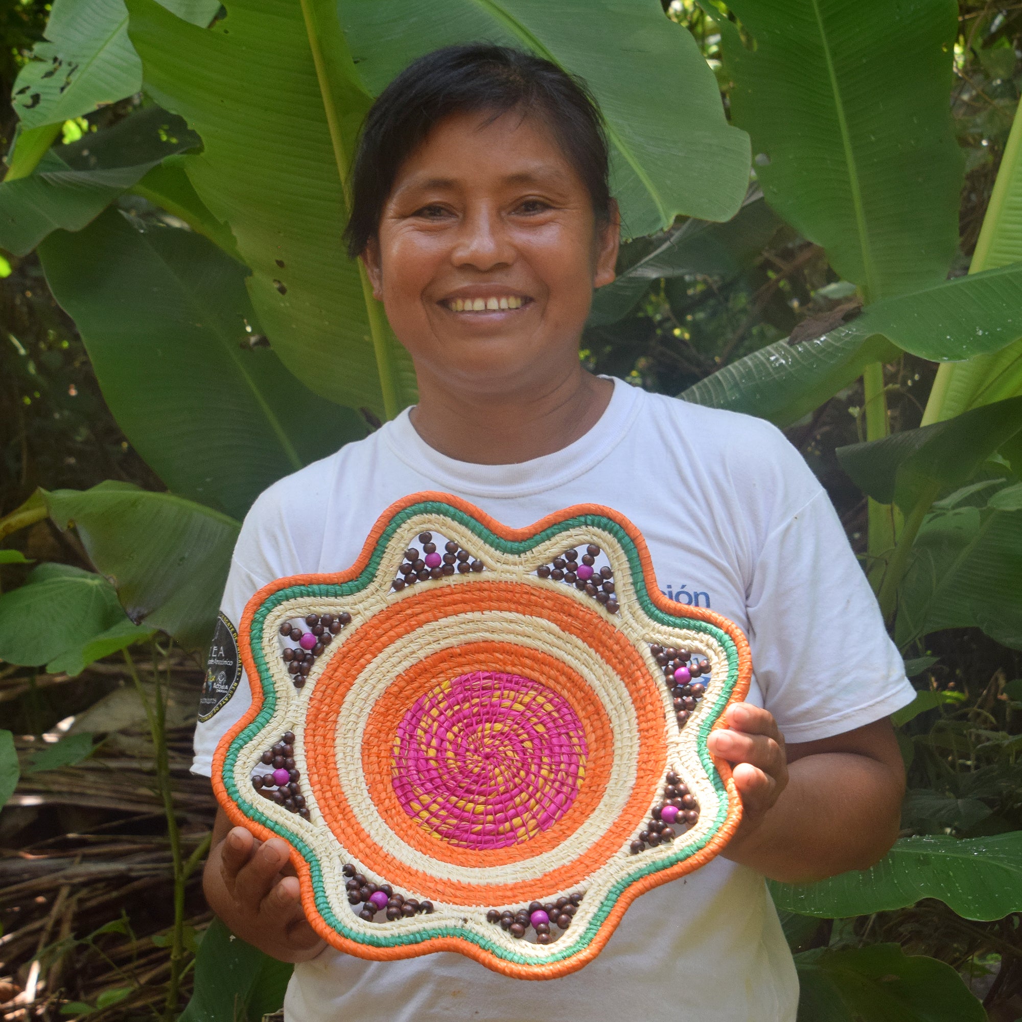 RASPBERRY AND ORANGE DELIGHT - HANDMADE CHAMBIRA PALM FIBER BASKET - WOVEN BY ARTISAN FROM PERUVIAN AMAZON