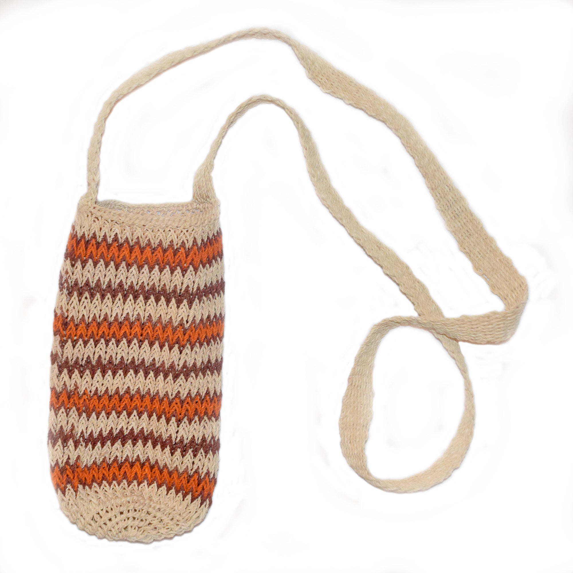 Fair-Trade Bottle Carrier/Wine Tote with maroon and orange zig-zag bands