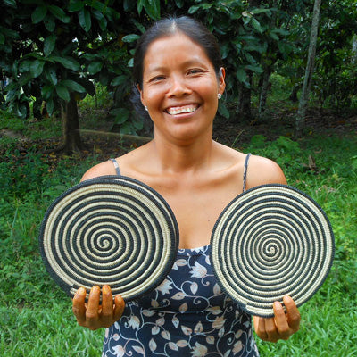 Woven hot pad (trivet) and center piece with black and white spirals - Amazon Ecology