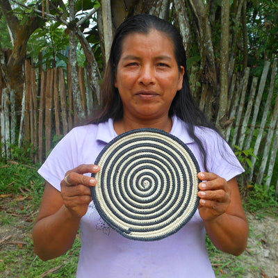 Woven hot pad (trivet) and center piece with black and white spirals - Amazon Ecology