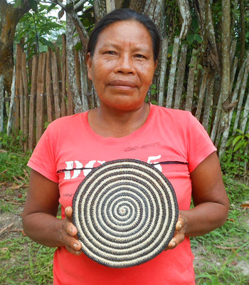 Woven hot pad (trivet) and center piece with black and white spirals - Amazon Ecology
