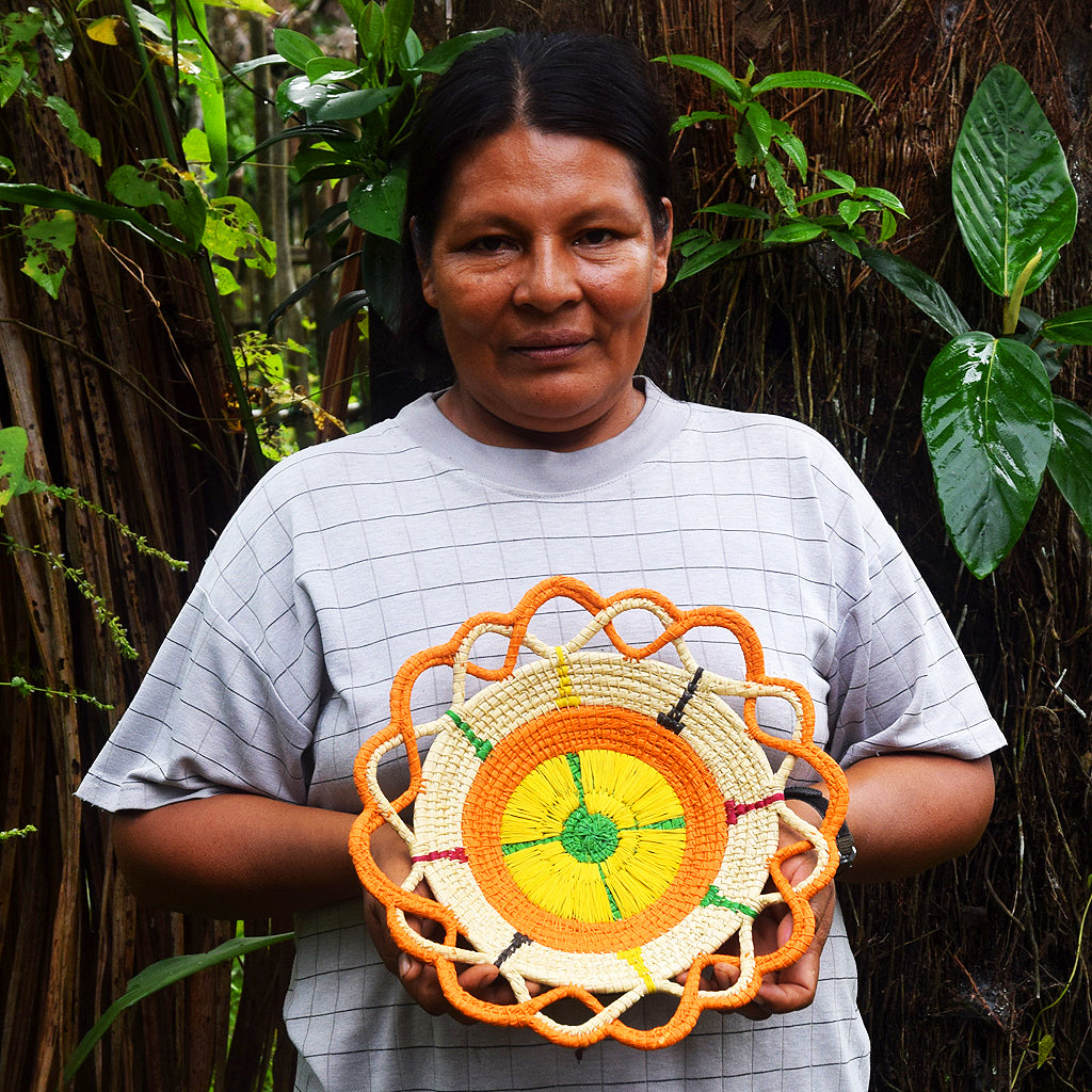 ORANGE WAVY CORONA HANDMADE CHAMBIRA PALM FIBER BASKET - WOVEN PERUVIAN AMAZON ARTISAN - Amazon Ecology