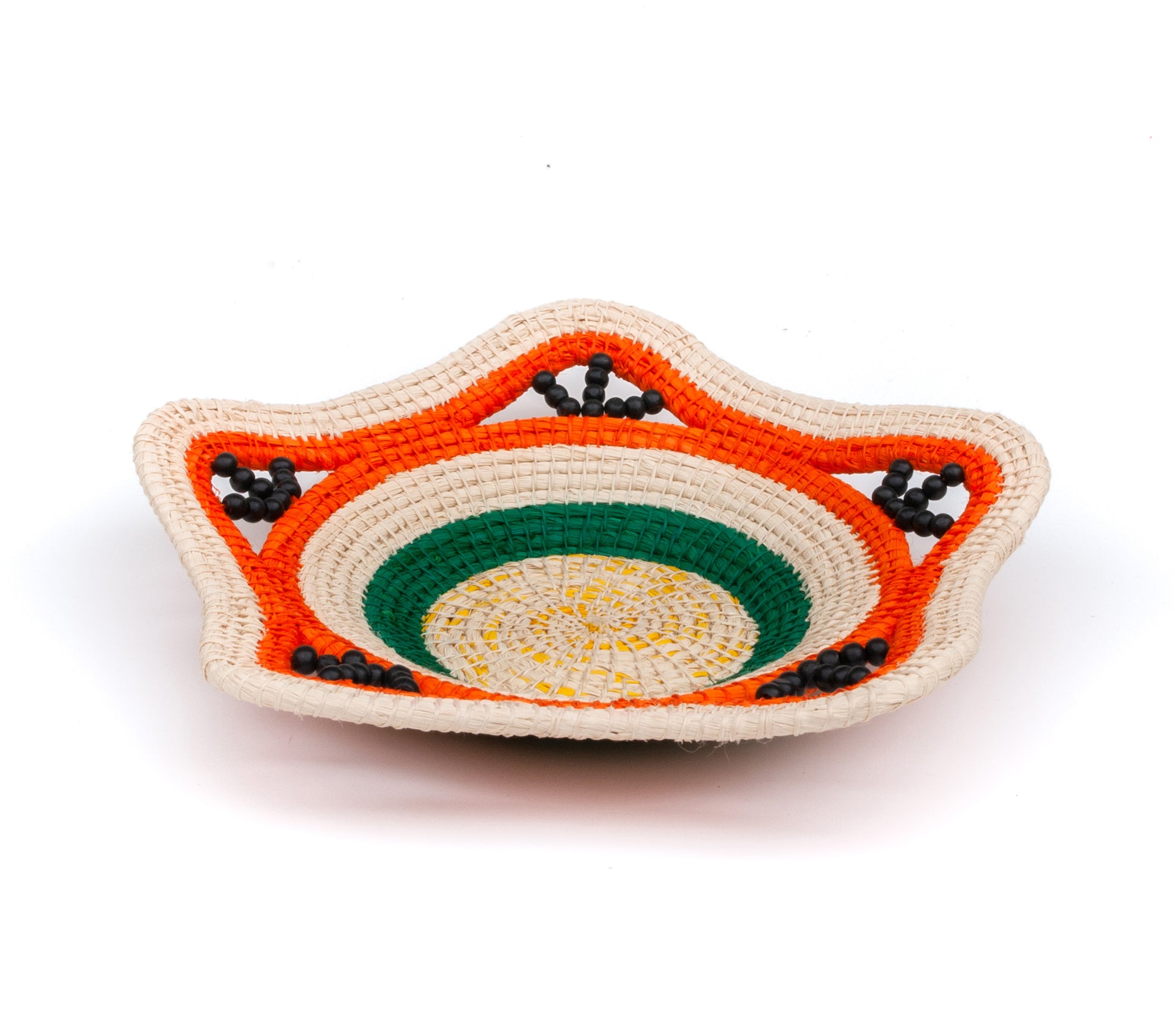 ORANGE AND GREEN RINGS - HANDMADE CHAMBIRA PALM FIBER BASKET - WOVEN BY ARTISAN FROM PERUVIAN AMAZON - Amazon Ecology