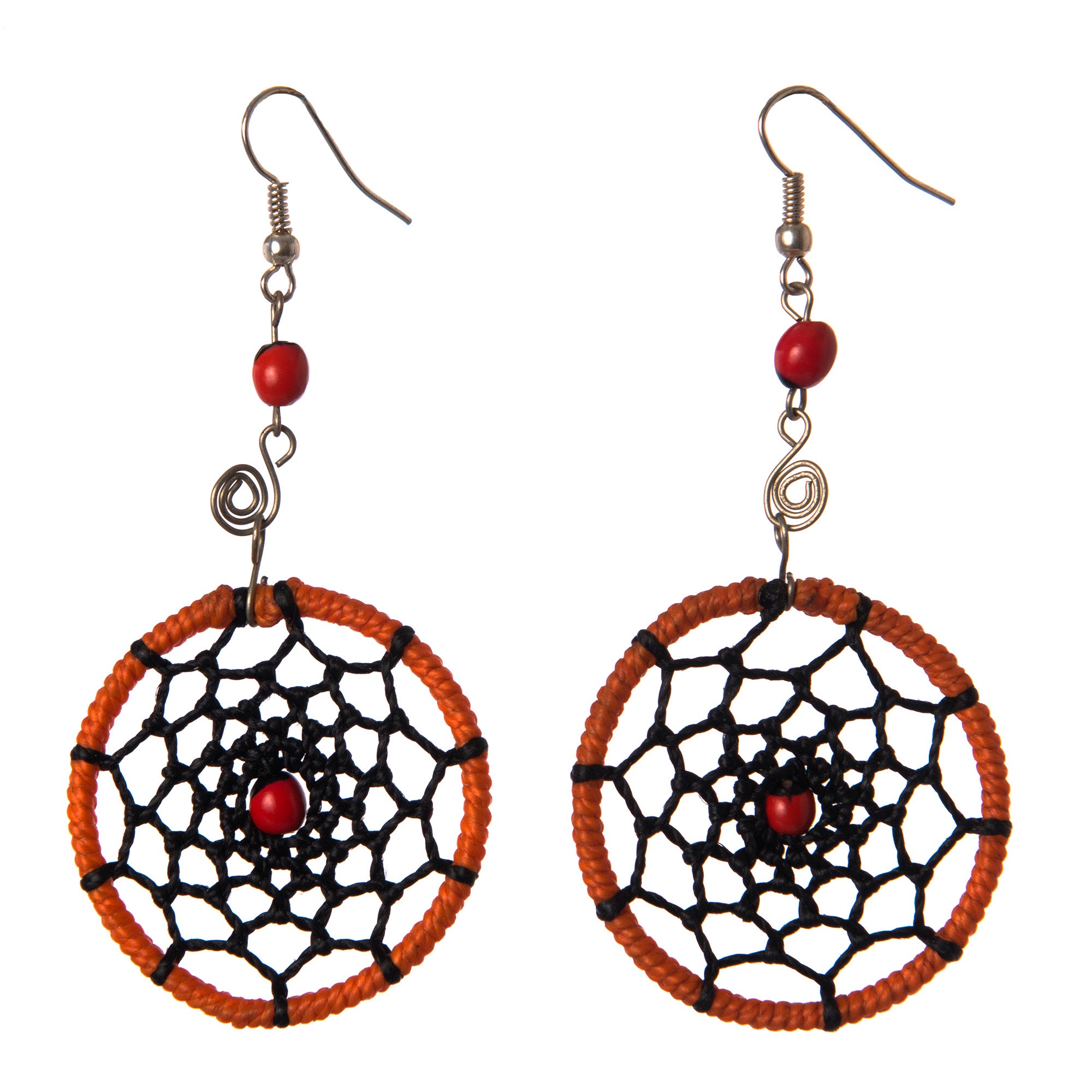 Spider Web with Huayruru Bead Earrings, Thread Wrapped Wire
