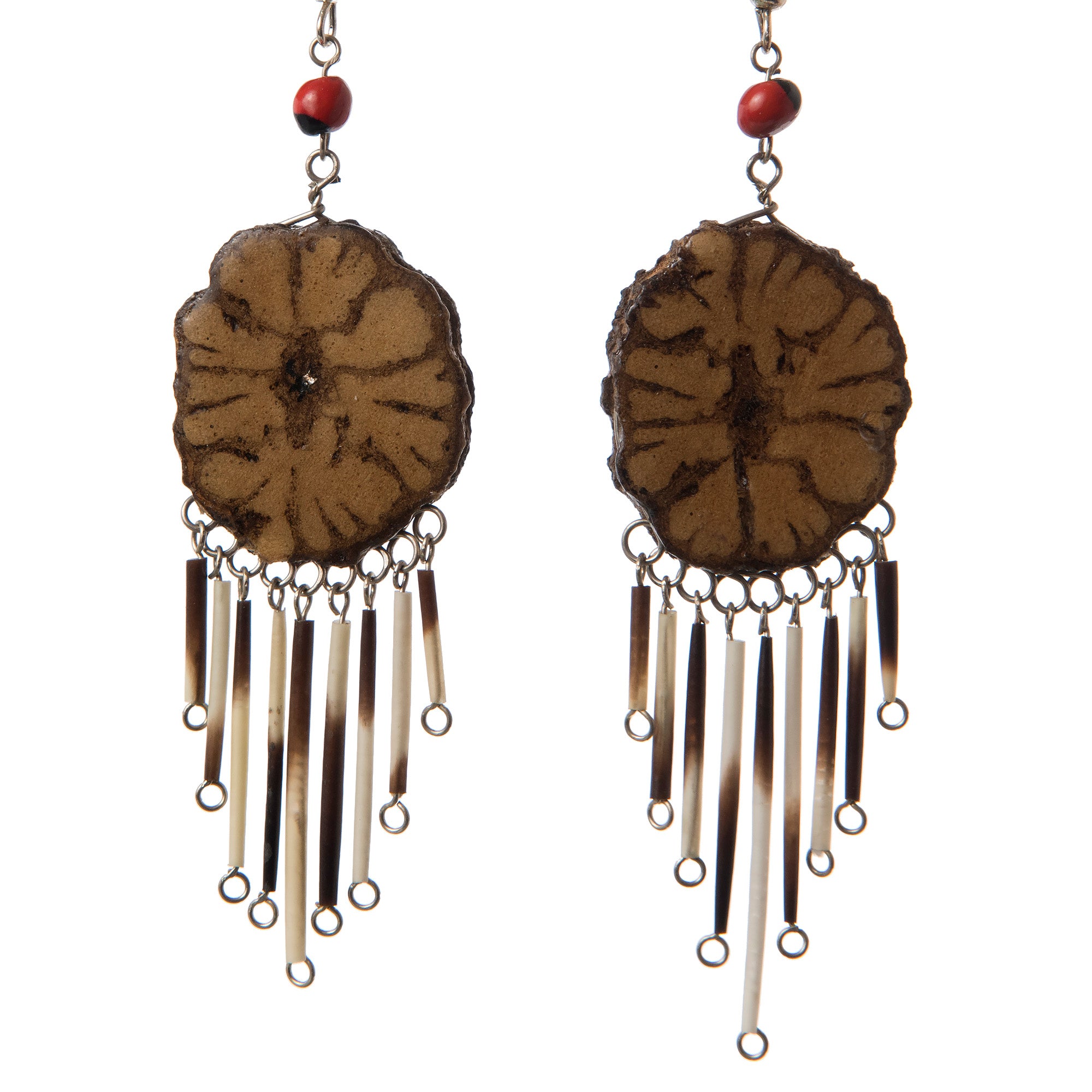 Ayahuasca vine earrings with quill dangles - made by Peruvian Amazon artisan