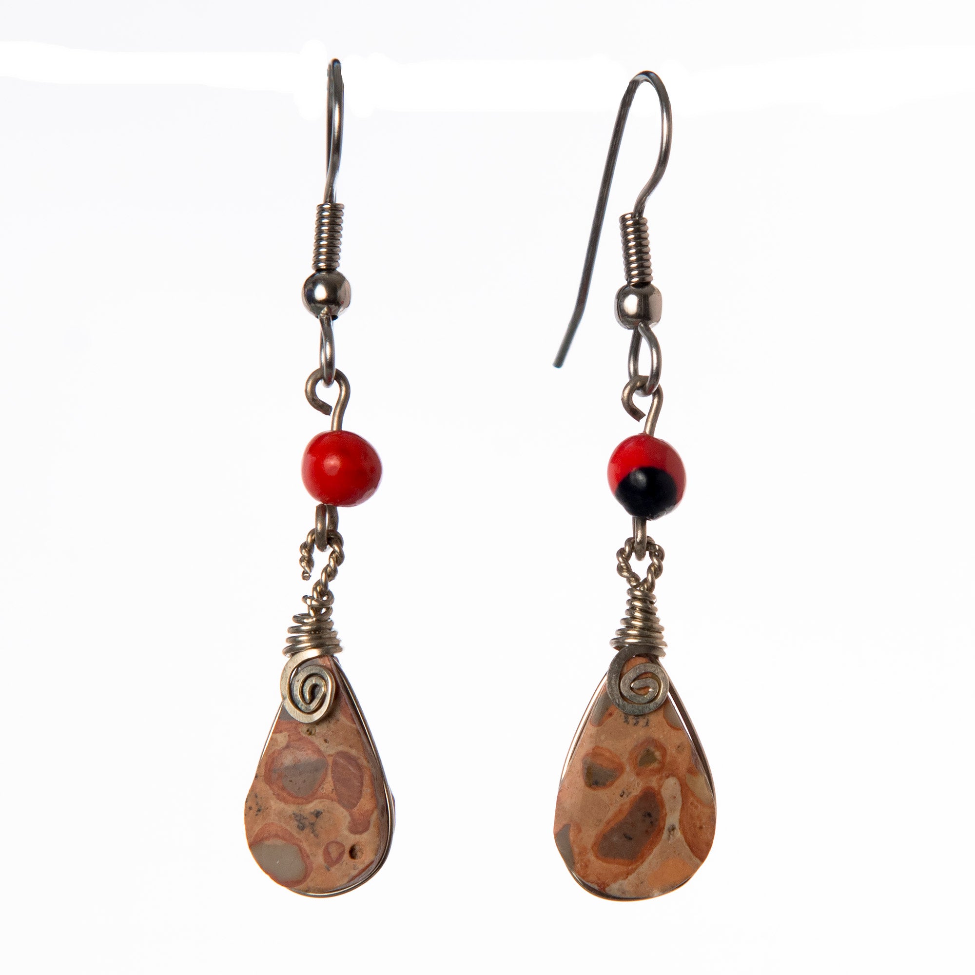 Opalite, Leopard Jasper, and Huayruru Bead Teardrop Dangling Earrings