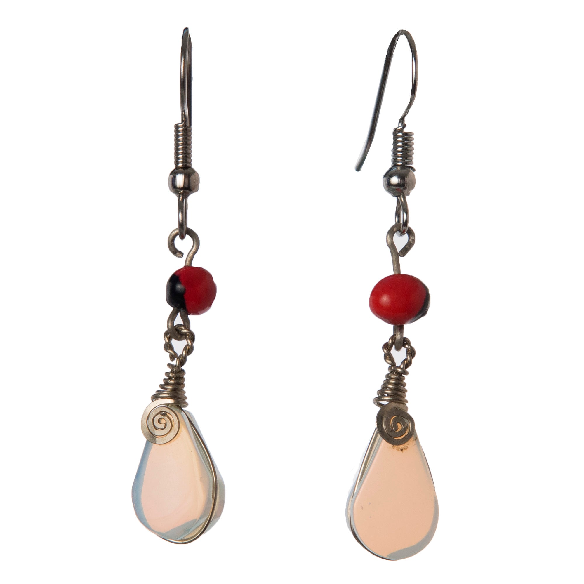 Opalite, Leopard Jasper, and Huayruru Bead Teardrop Dangling Earrings