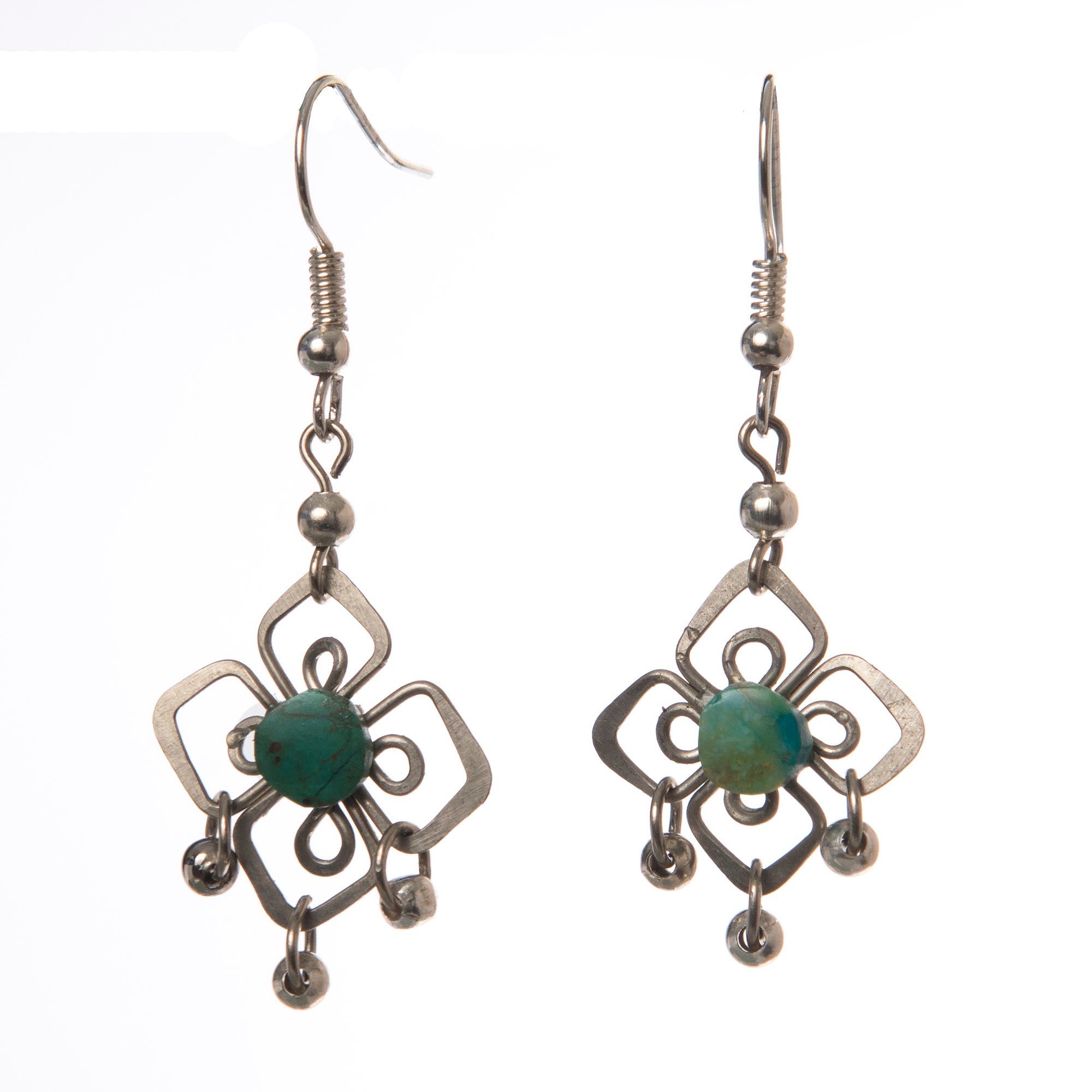 Turquoise or Green Jade Stone Button Dangling Earrings with Silver Wire - Amazon Ecology