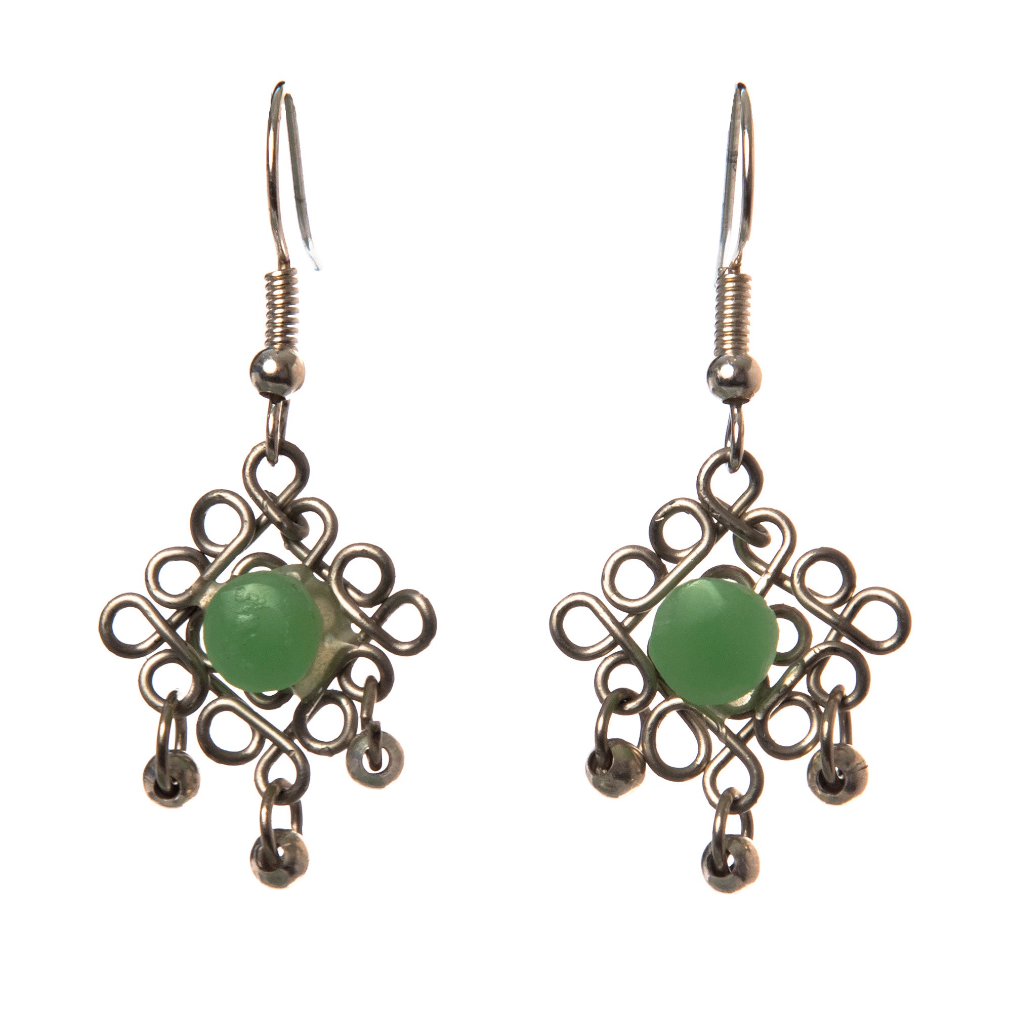 Turquoise or Green Jade Stone Button Dangling Earrings with Silver Wire - Amazon Ecology