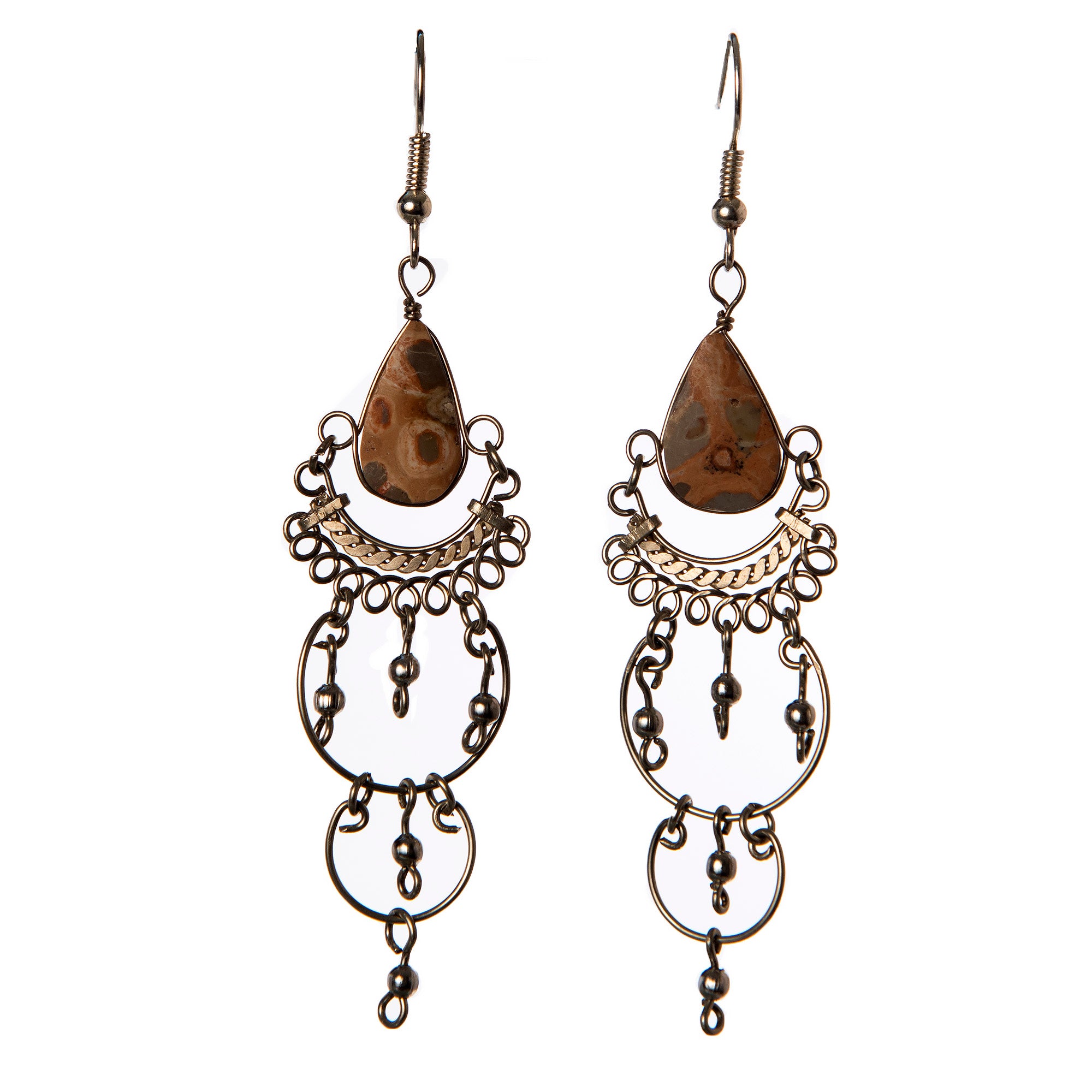 Exquisite Dangling Leopard Jasper Stone and Silver Wire Earrings