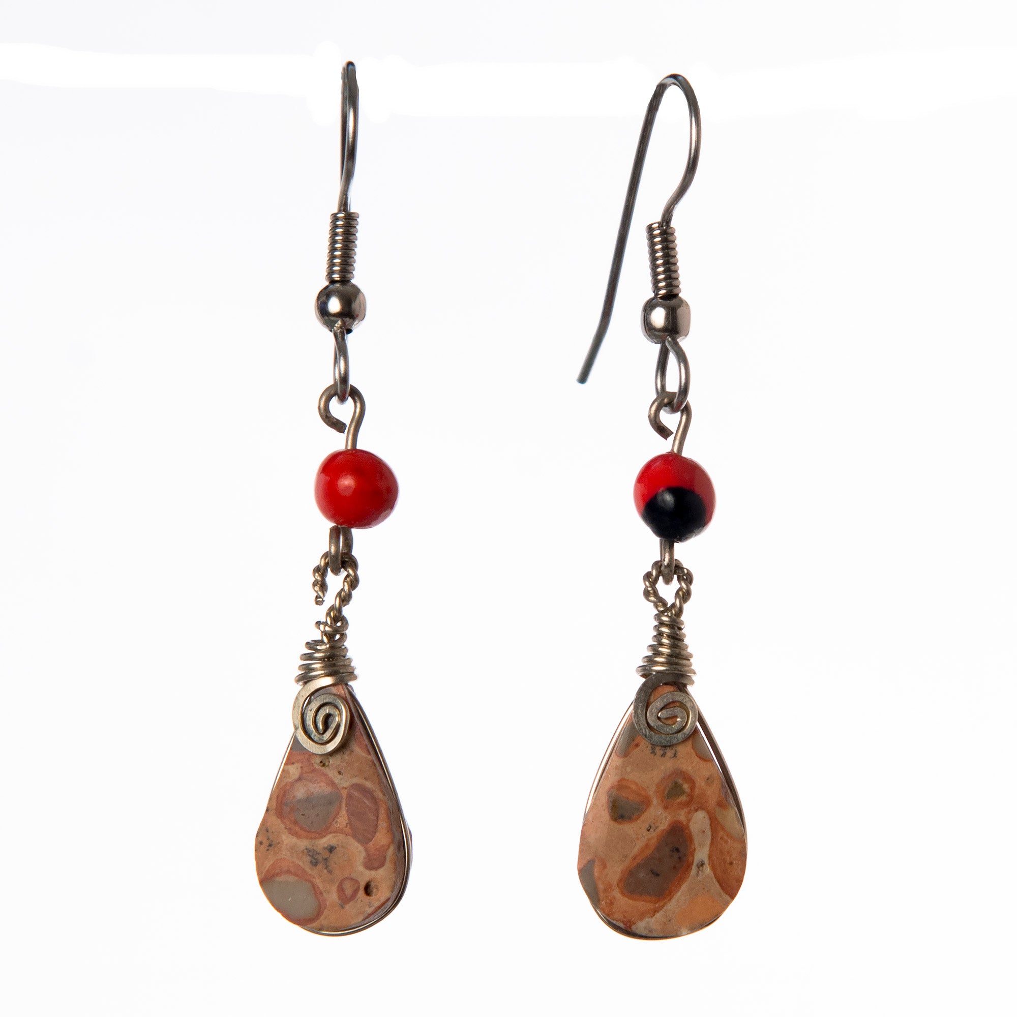Opalite, Leopard Jasper, and Huayruru Bead Teardrop Dangling Earrings - Amazon Ecology