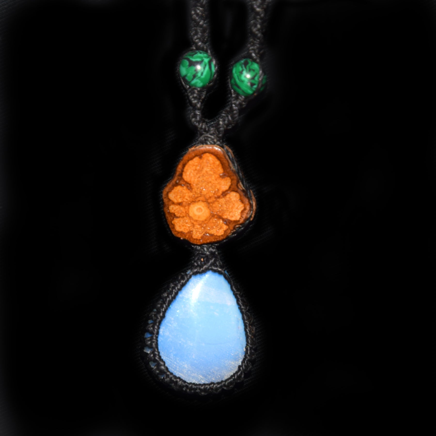 Ayahuasca vine and moonstone/opalite macrame necklace - Amazon Ecology