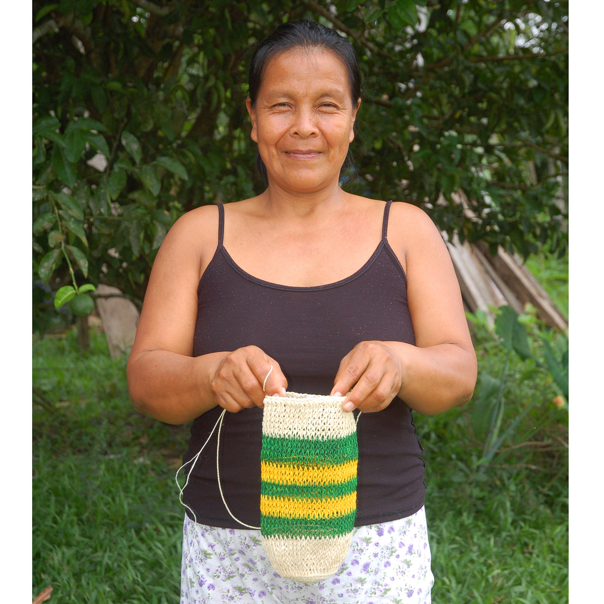 Fair-Trade Bottle Carrier/Wine Tote double green and yellow bands - Amazon Ecology
